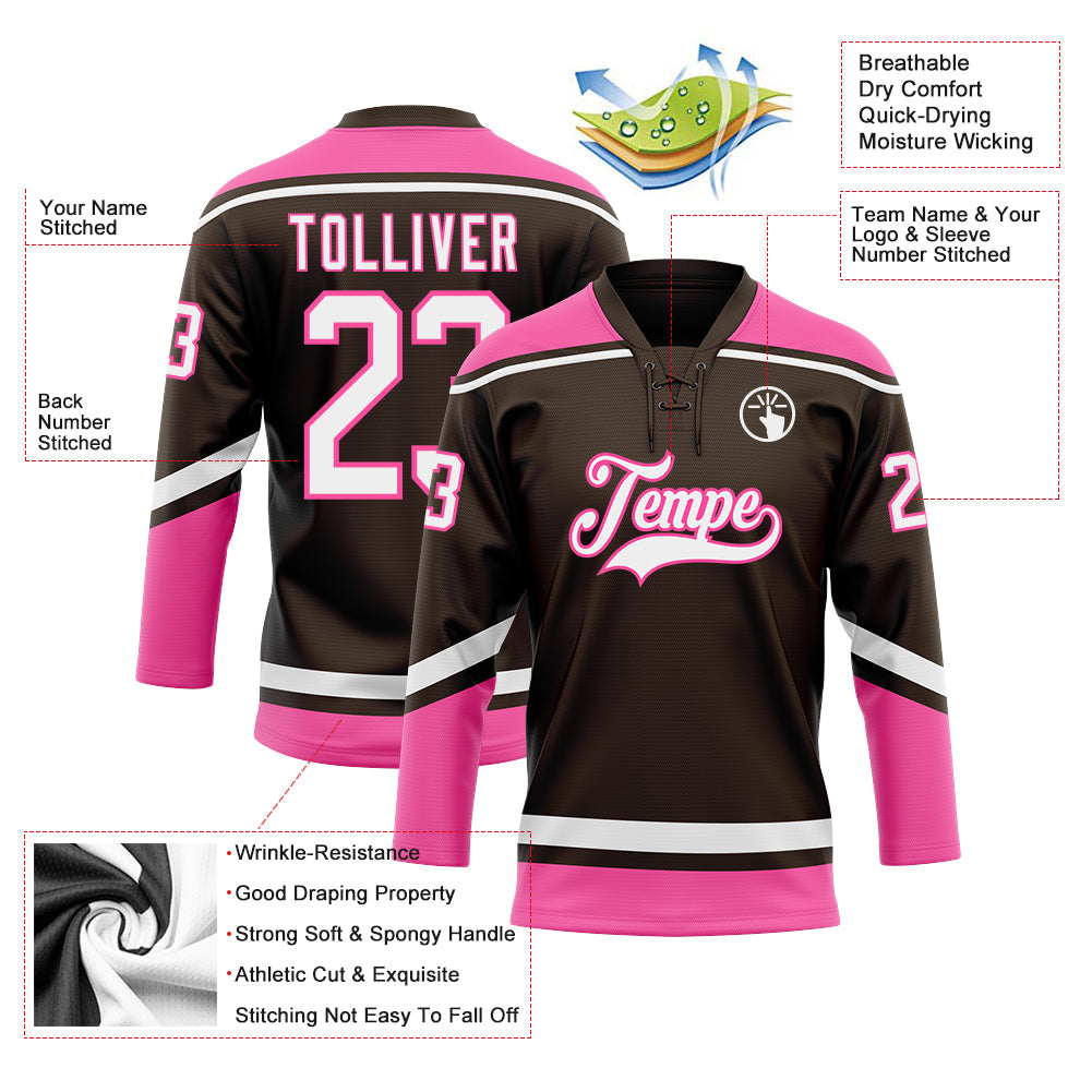 Custom Brown White-Pink Hockey Lace Neck Jersey view 3