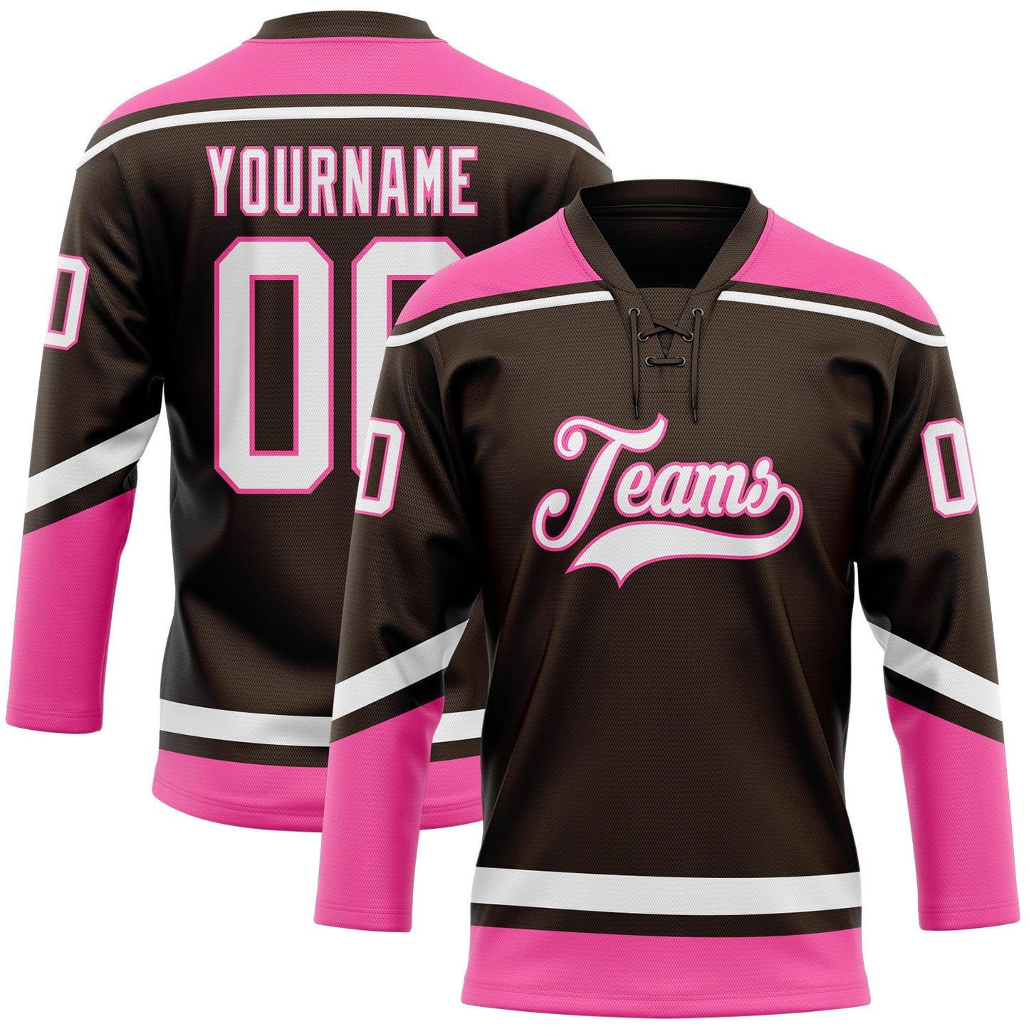 Custom Brown White-Pink Hockey Lace Neck Jersey - Main View