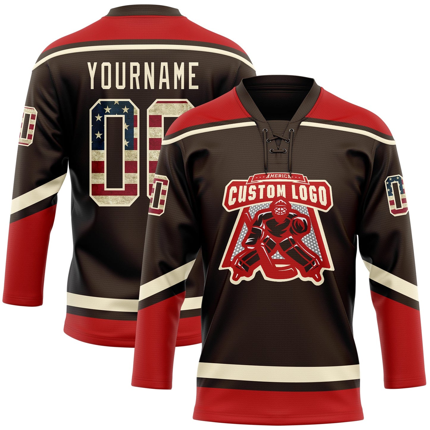 Custom Brown Vintage USA Flag Cream-Red Hockey Lace Neck Jersey view 2