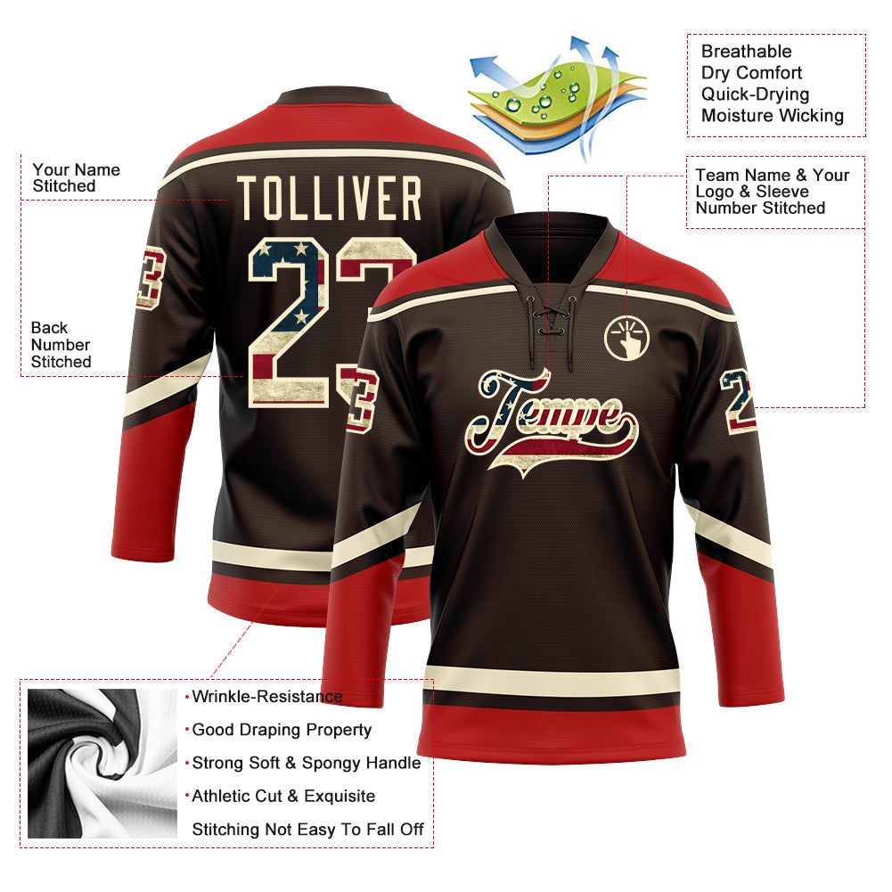 Custom Brown Vintage USA Flag Cream-Red Hockey Lace Neck Jersey view 3
