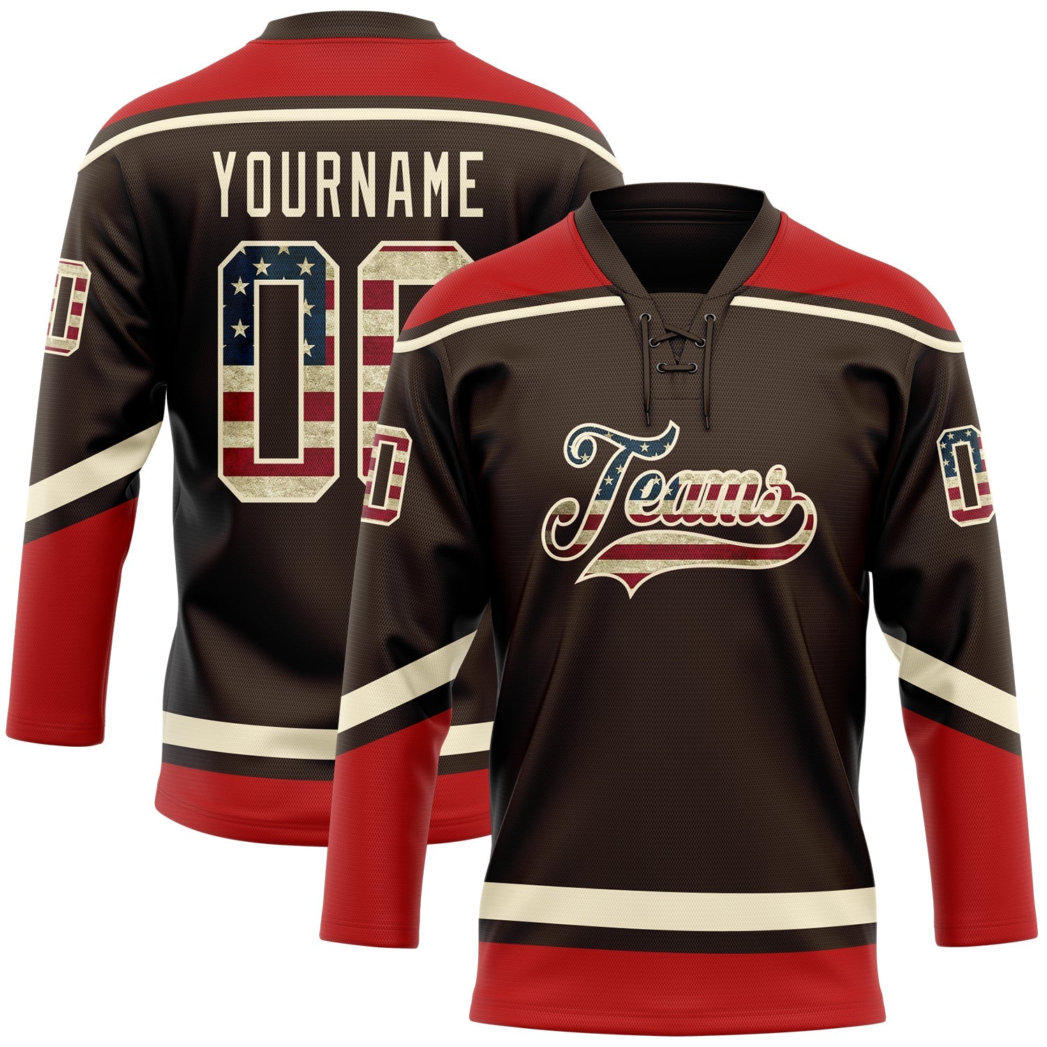 Custom Brown Vintage USA Flag Cream-Red Hockey Lace Neck Jersey - Main View