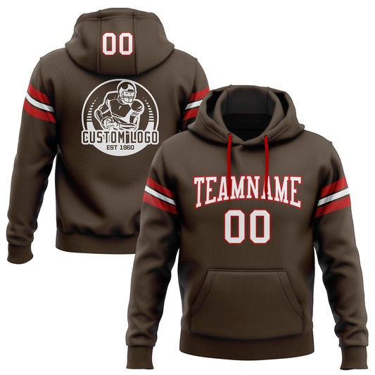 Custom Stitched Brown White-Red Football Pullover Sweatshirt Hoodie - Main View