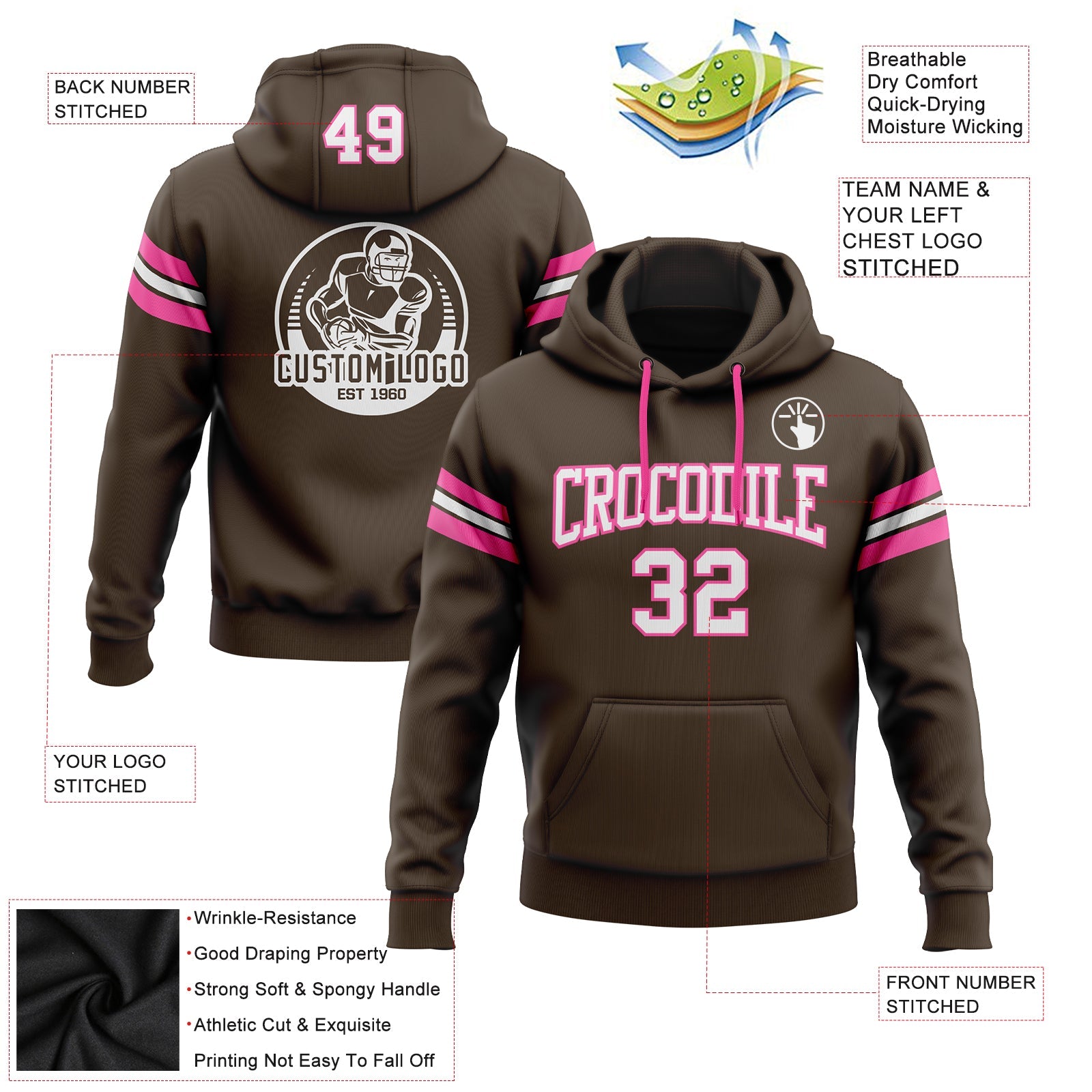 Custom Stitched Brown White-Pink Football Pullover Sweatshirt Hoodie view 2