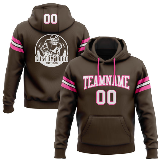 Custom Stitched Brown White-Pink Football Pullover Sweatshirt Hoodie - Main View