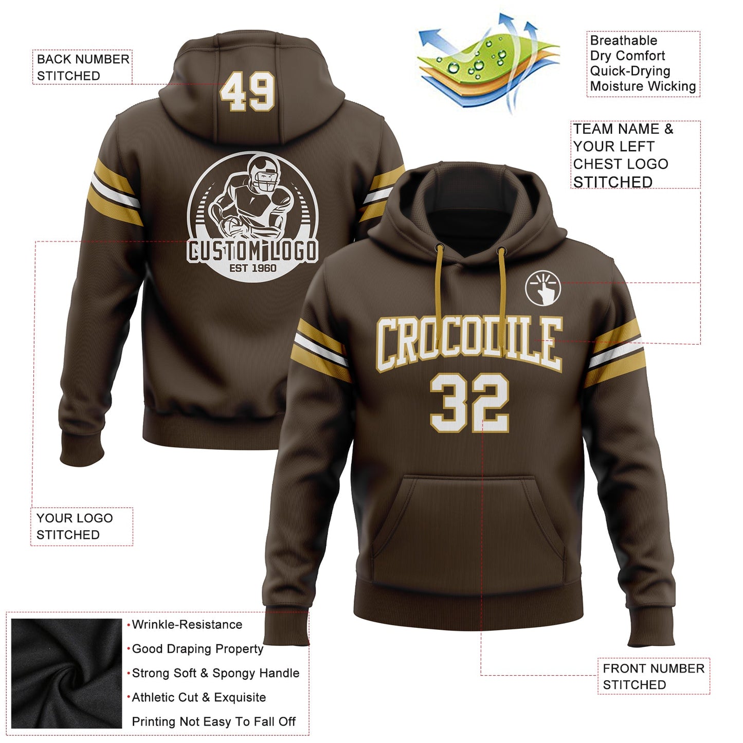 Custom Stitched Brown White-Old Gold Football Pullover Sweatshirt Hoodie view 2