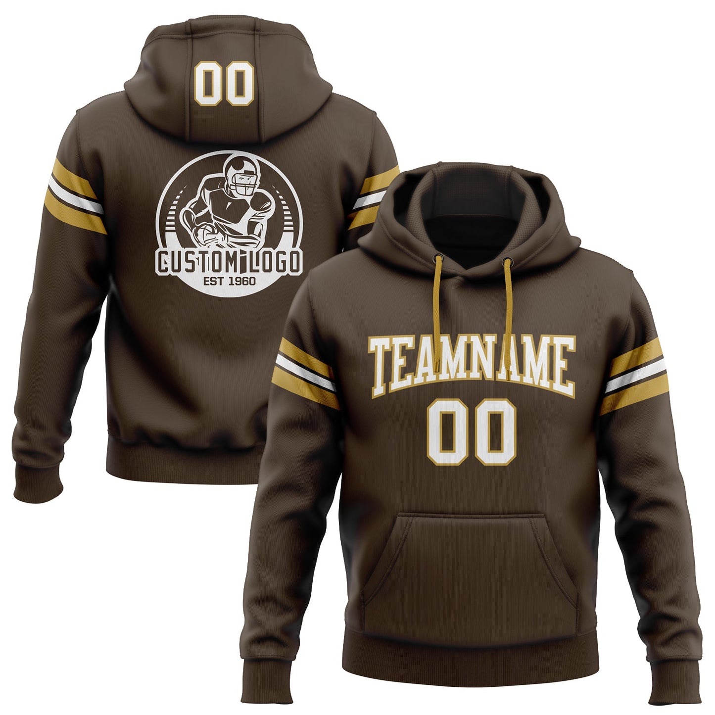 Custom Stitched Brown White-Old Gold Football Pullover Sweatshirt Hoodie - Main View
