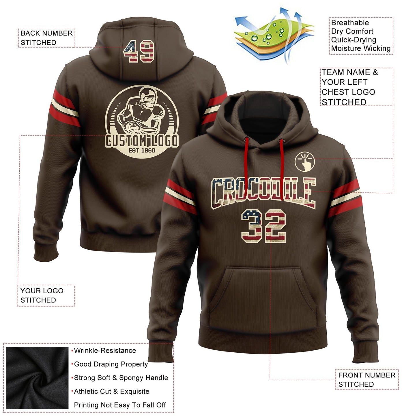 Custom Stitched Brown Vintage USA Flag Cream-Red Football Pullover Sweatshirt Hoodie view 2