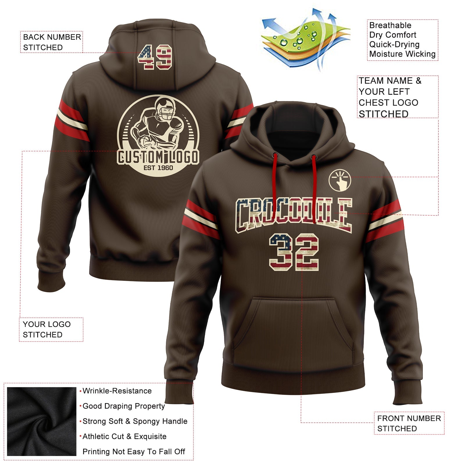 Custom Stitched Brown Vintage USA Flag Cream-Red Football Pullover Sweatshirt Hoodie view 2