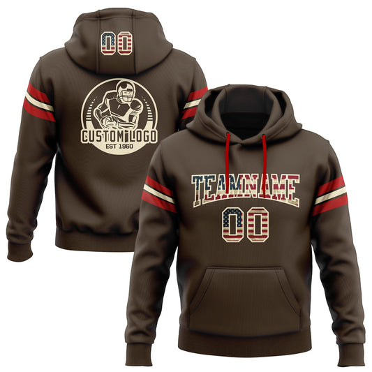 Custom Stitched Brown Vintage USA Flag Cream-Red Football Pullover Sweatshirt Hoodie - Main View