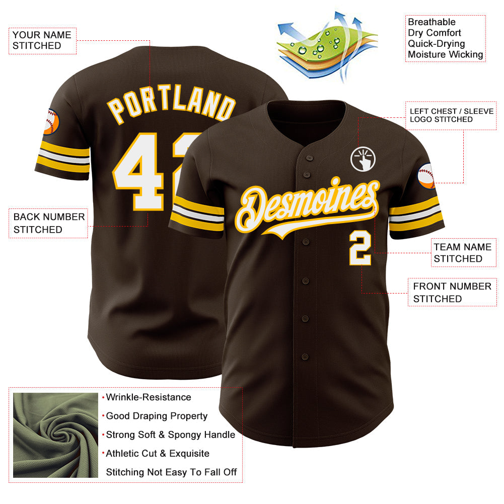 Custom Brown White-Gold Authentic Baseball Jersey view 3