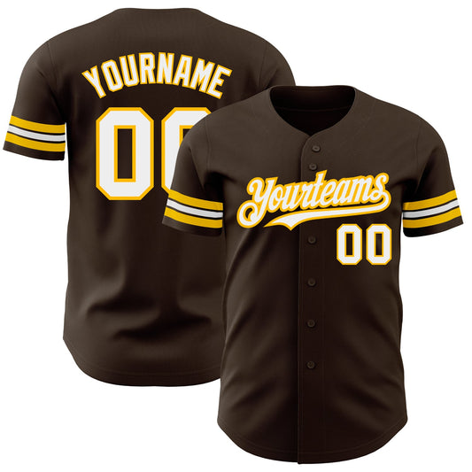 Custom Brown White-Gold Authentic Baseball Jersey - Main View