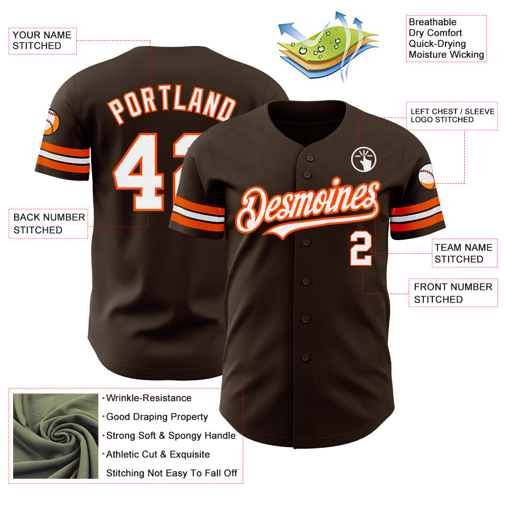 Custom Brown White-Orange Authentic Baseball Jersey view 3