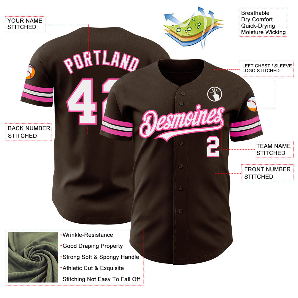 Custom Brown White-Pink Authentic Baseball Jersey view 3