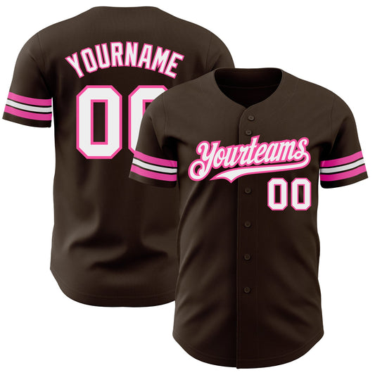 Custom Brown White-Pink Authentic Baseball Jersey - Main View