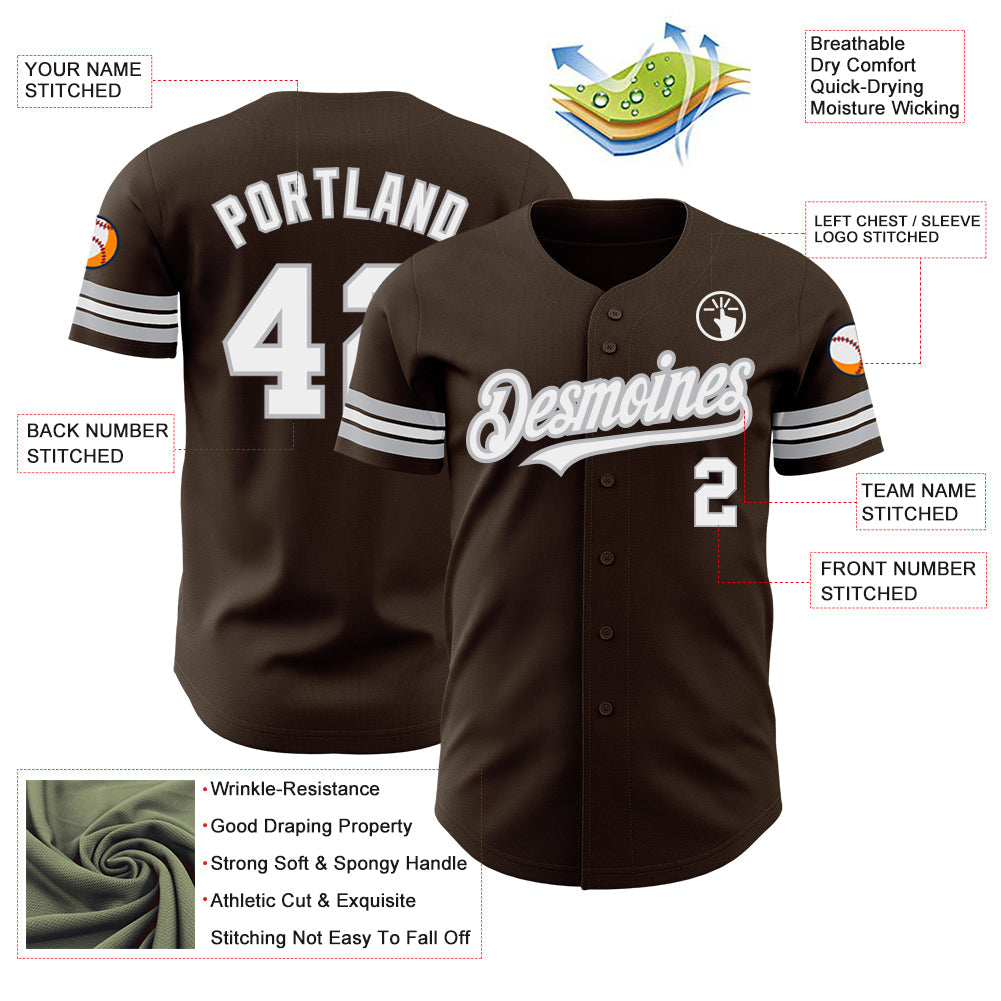 Custom Brown White-Gray Authentic Baseball Jersey view 3
