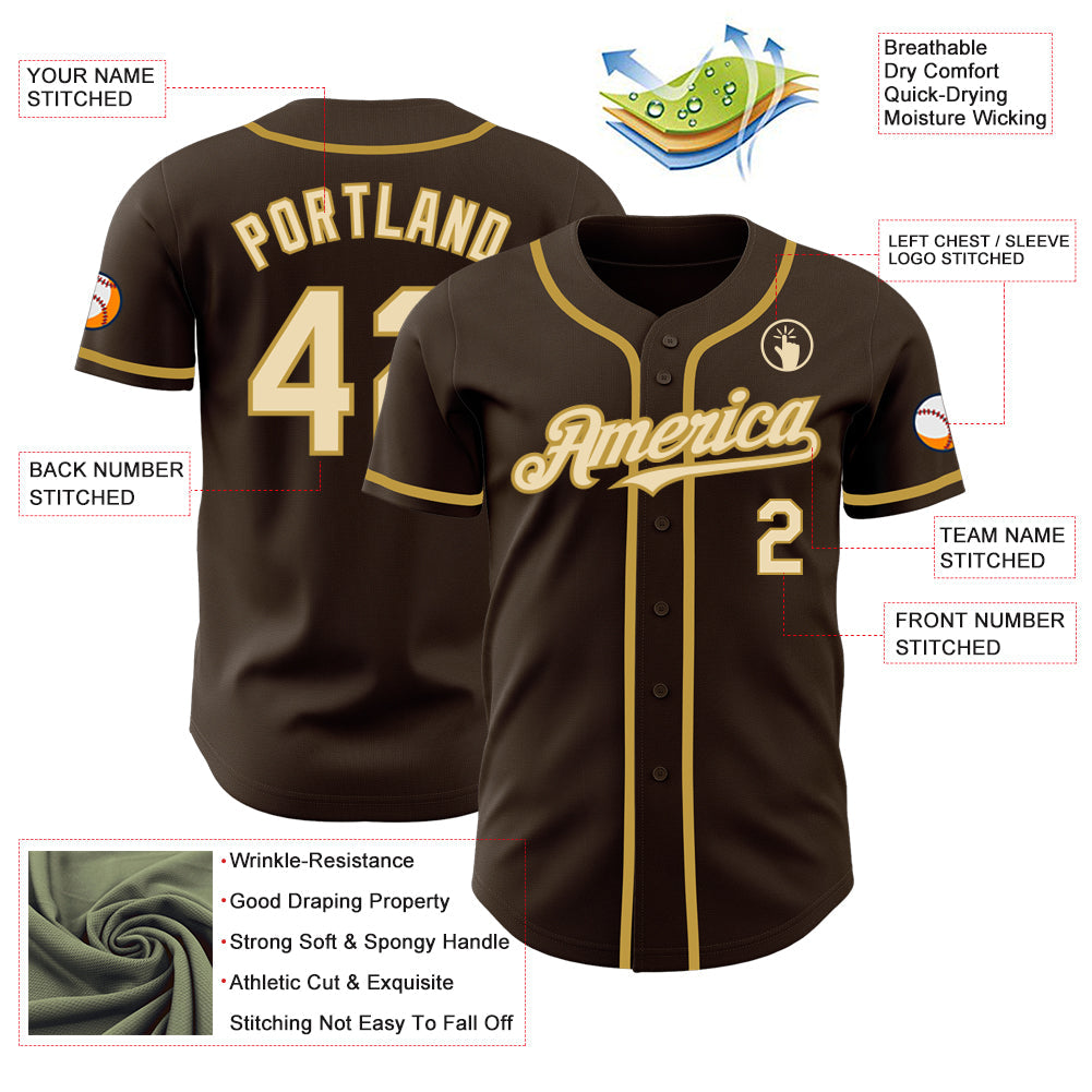 Custom Brown Cream-Old Gold Authentic Baseball Jersey view 3