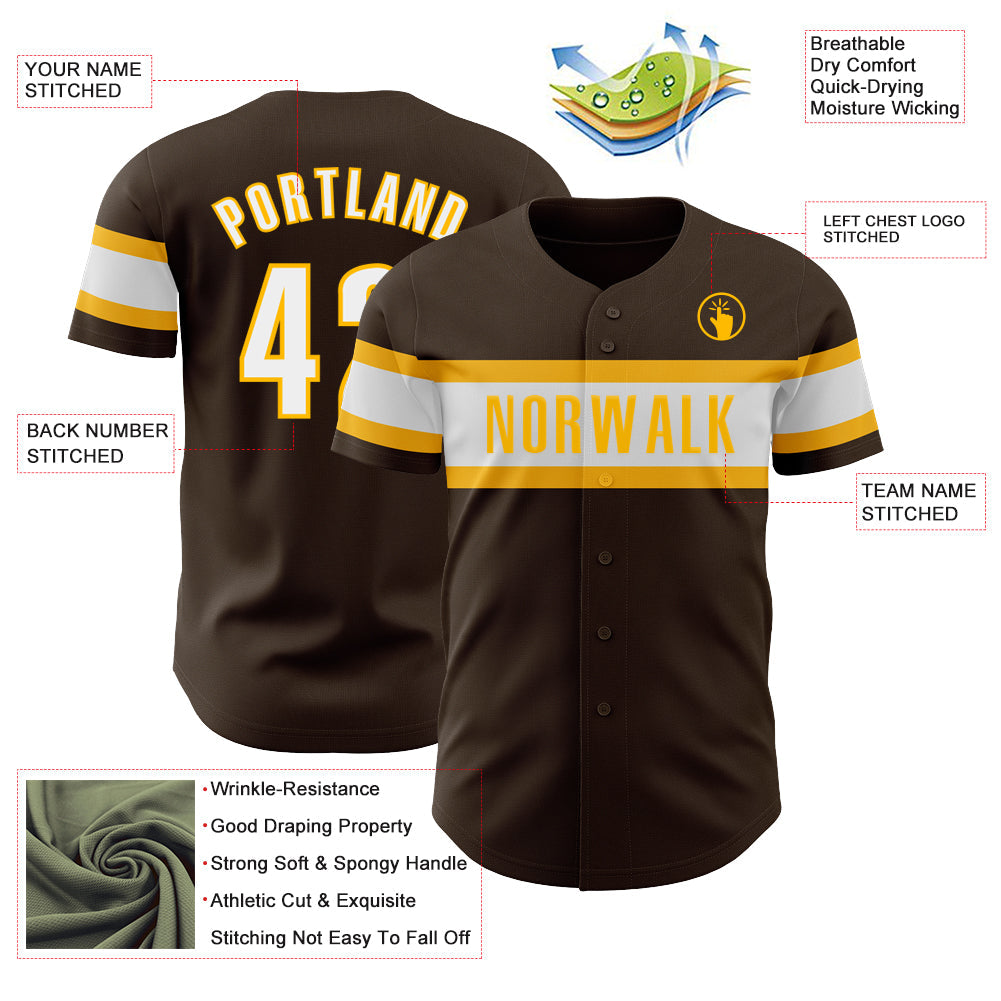 Custom Brown White-Gold Authentic Baseball Jersey view 3