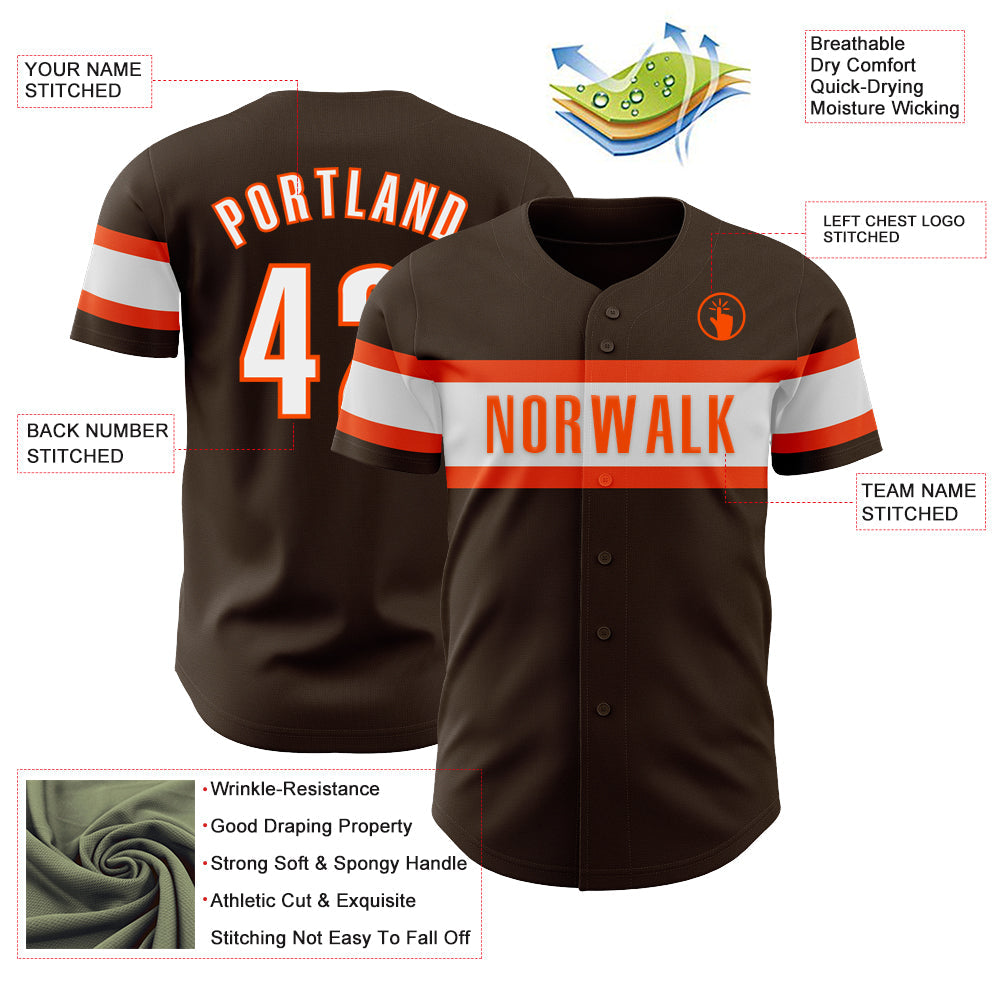 Custom Brown White-Orange Authentic Baseball Jersey view 3