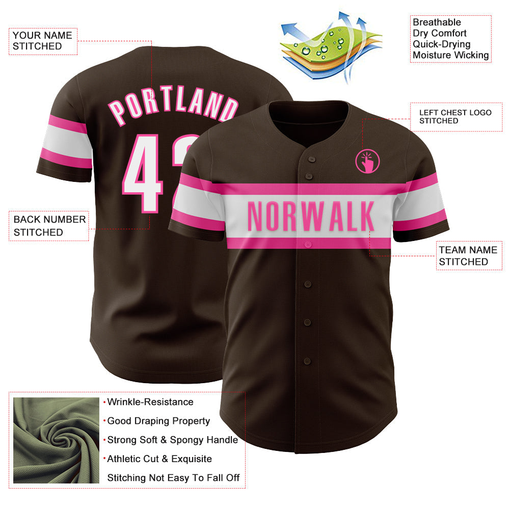 Custom Brown White-Pink Authentic Baseball Jersey view 3