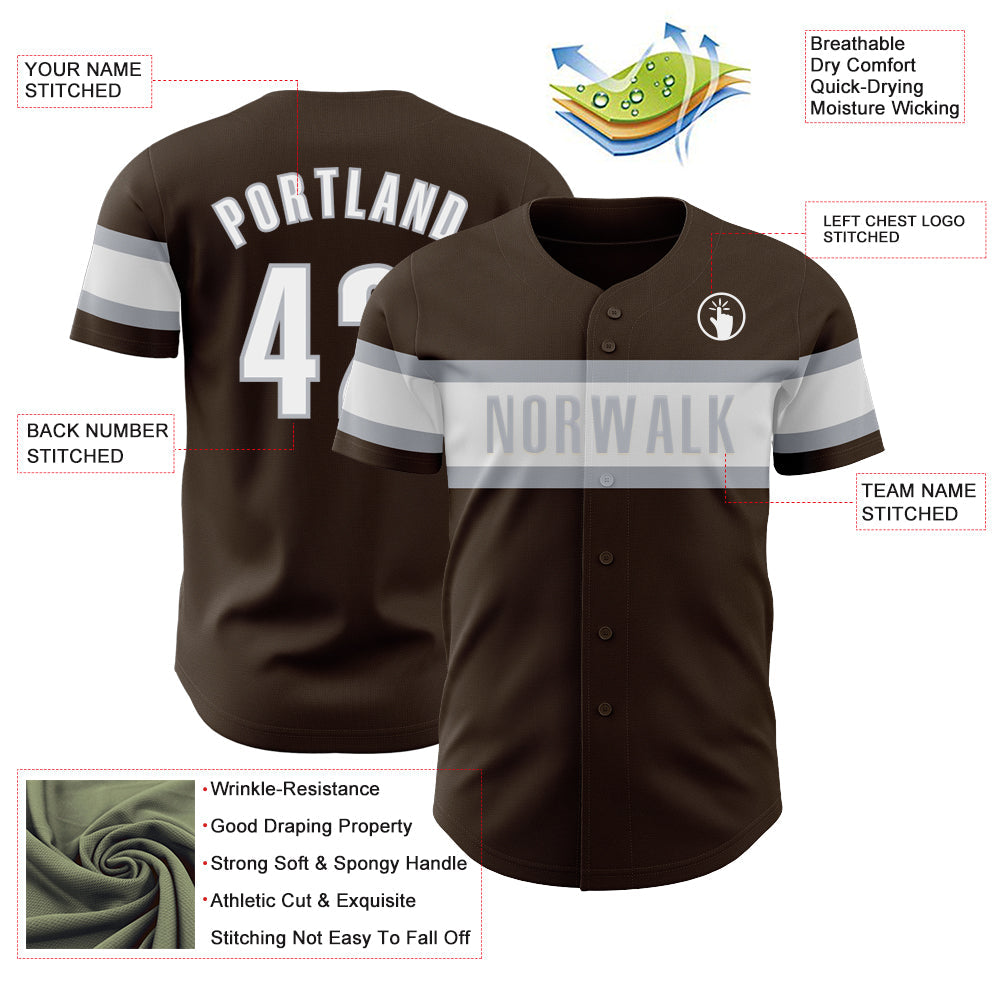 Custom Brown White-Gray Authentic Baseball Jersey view 3