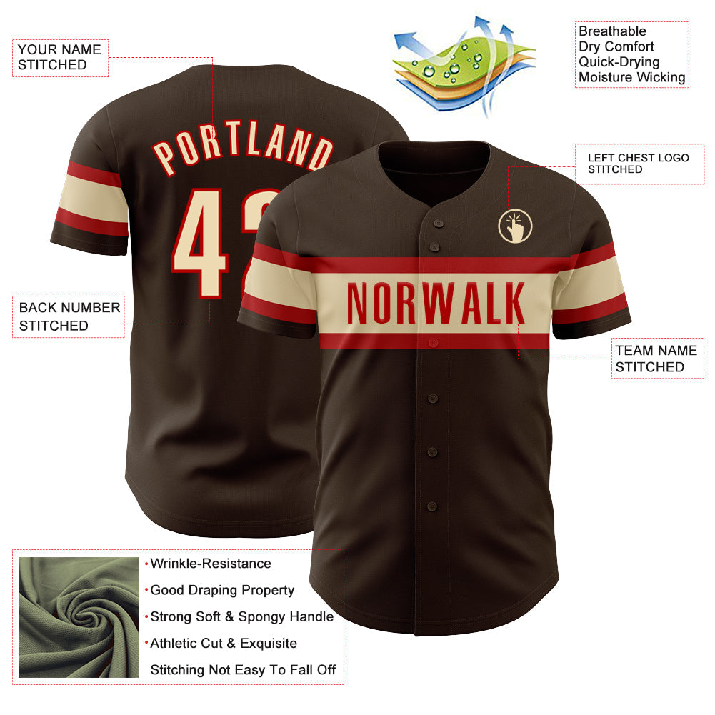 Custom Brown Cream-Red Authentic Baseball Jersey view 3