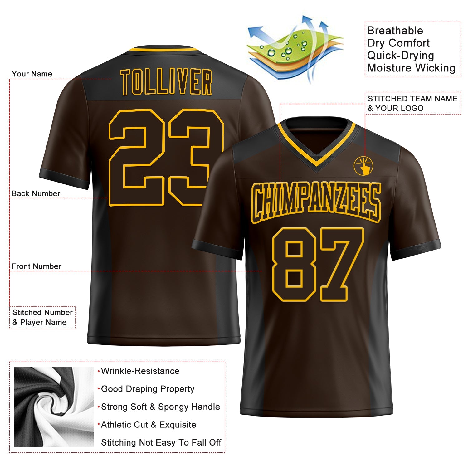 Custom Brown Gold-Black Authentic Football Jersey view 3