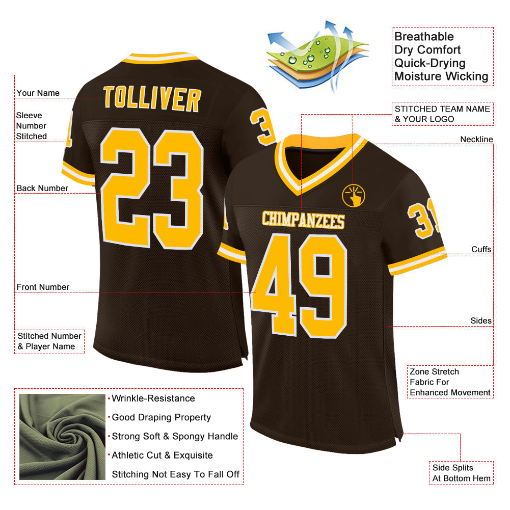 Custom Brown Gold-White Mesh Authentic Throwback Football Jersey view 2