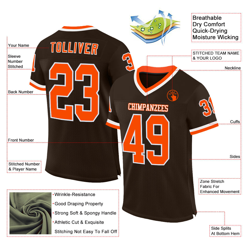 Custom Brown Orange-White Mesh Authentic Throwback Football Jersey view 2