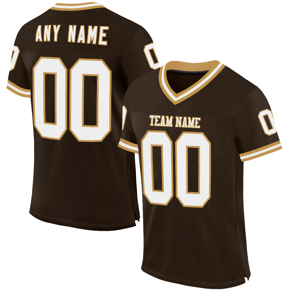 Custom Brown White-Old Gold Mesh Authentic Throwback Football Jersey - Main View