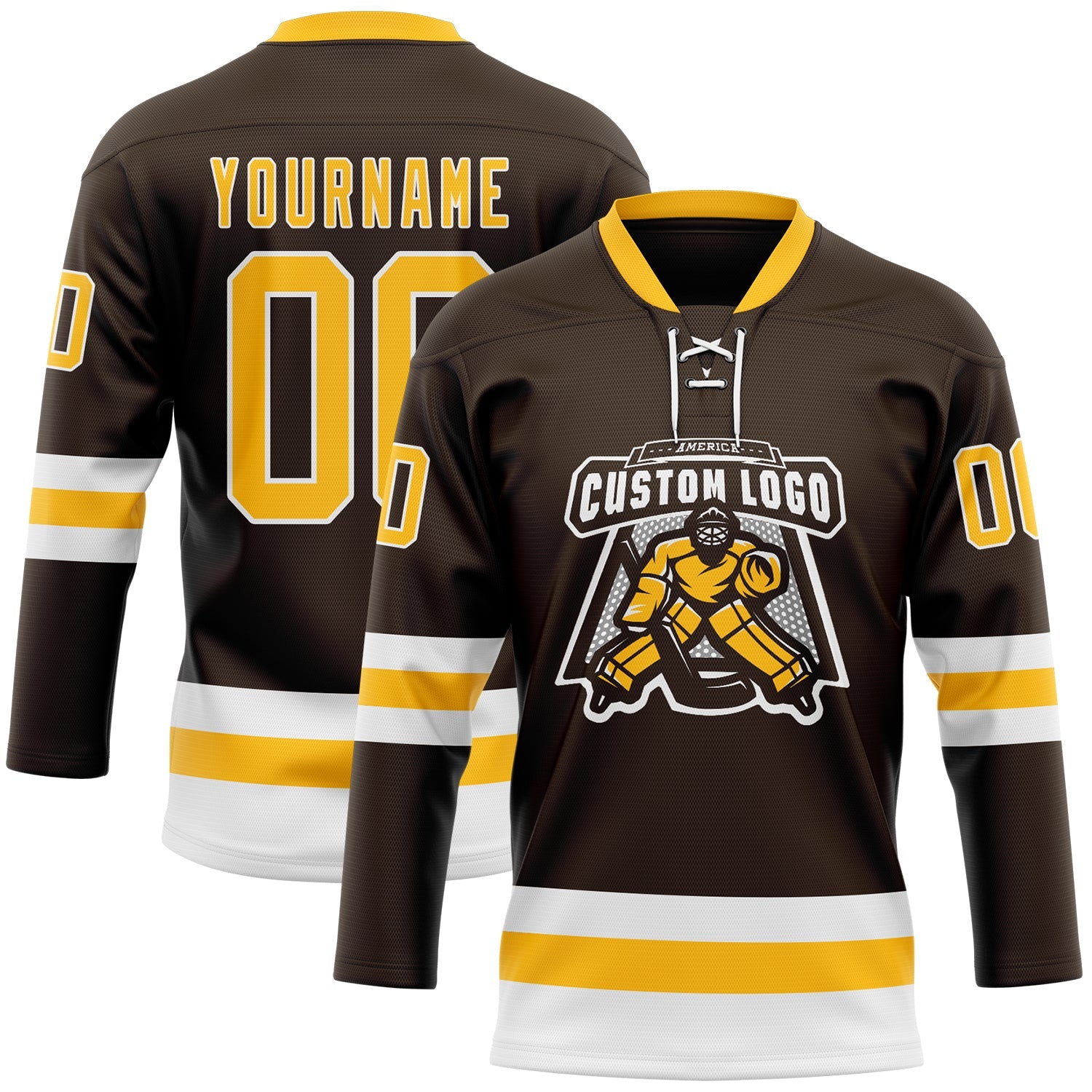 Custom Brown Gold-White Hockey Lace Neck Jersey view 2