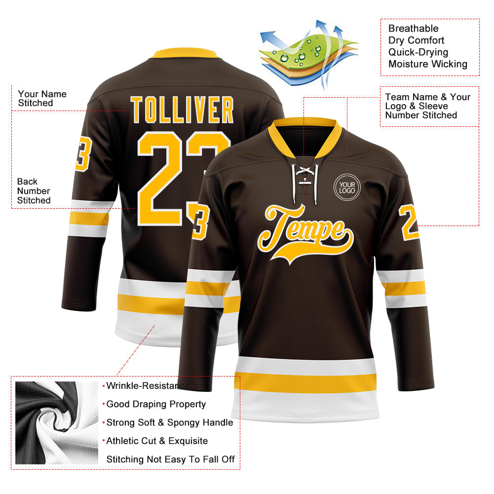 Custom Brown Gold-White Hockey Lace Neck Jersey view 3