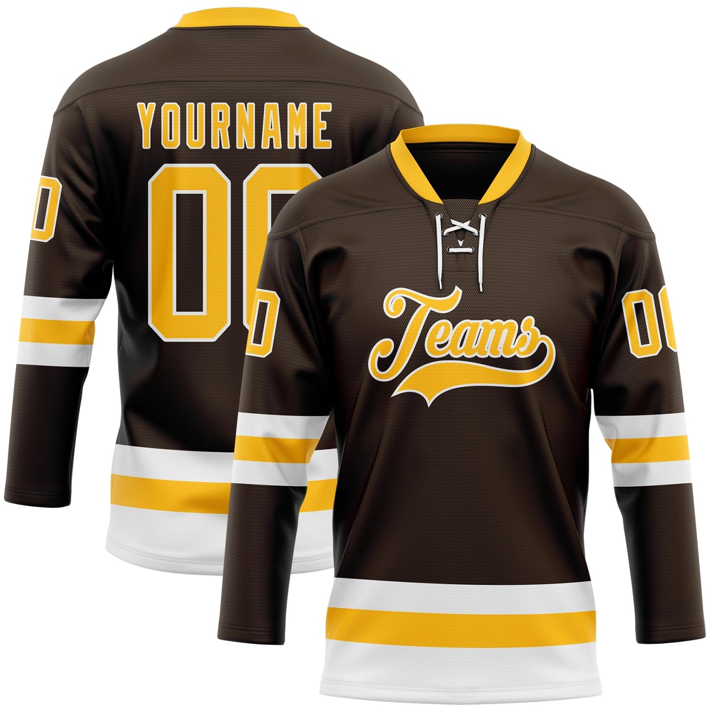 Custom Brown Gold-White Hockey Lace Neck Jersey - Main View
