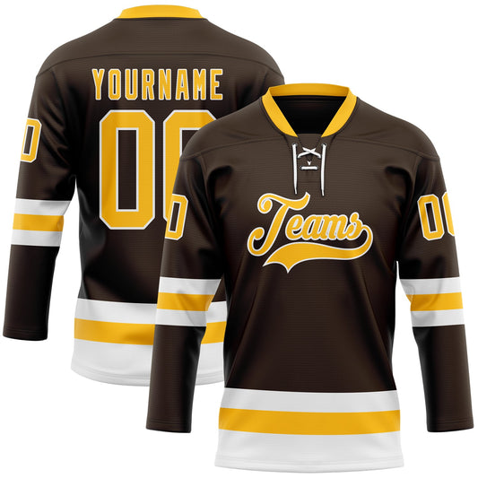 Custom Brown Gold-White Hockey Lace Neck Jersey - Main View