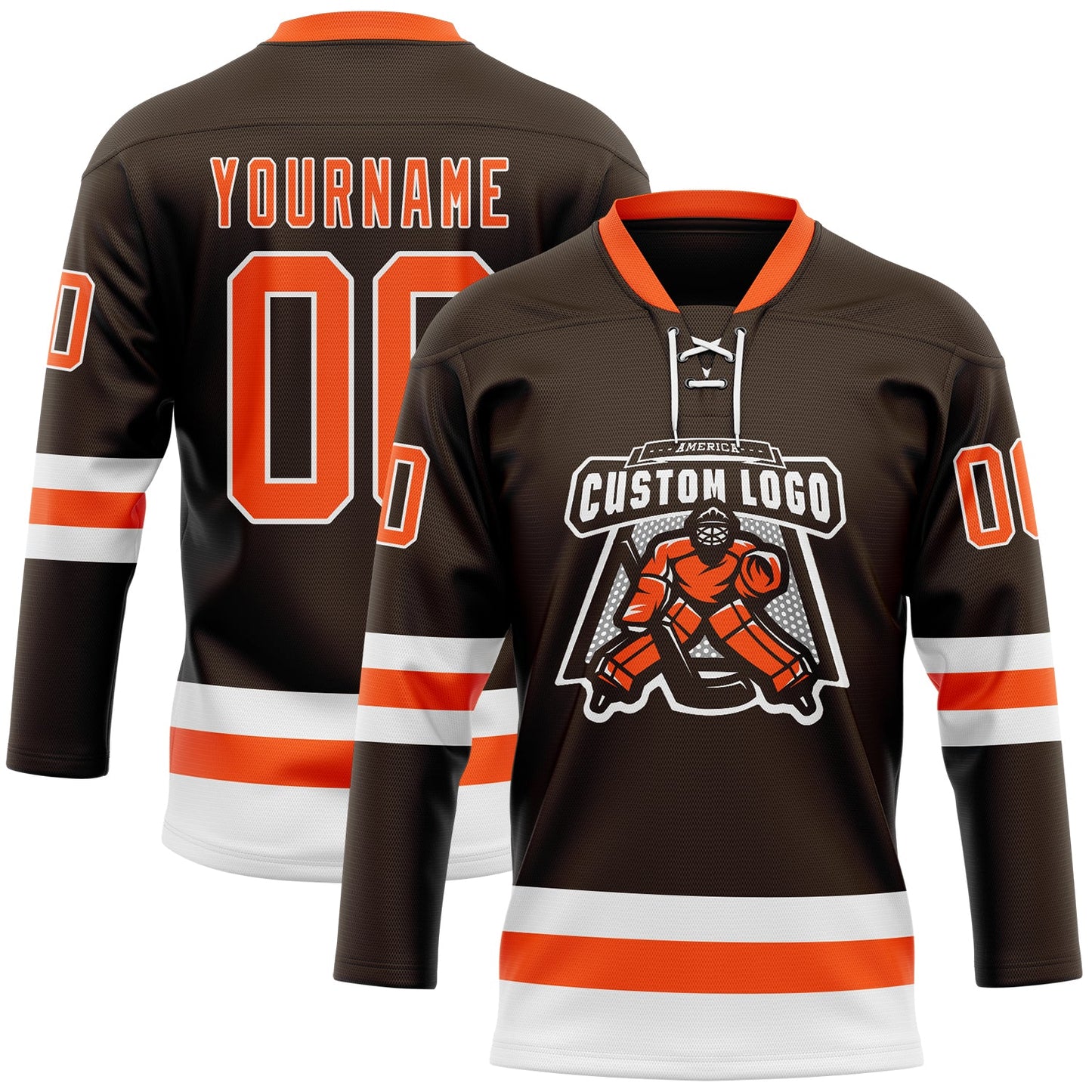 Custom Brown Orange-White Hockey Lace Neck Jersey view 2
