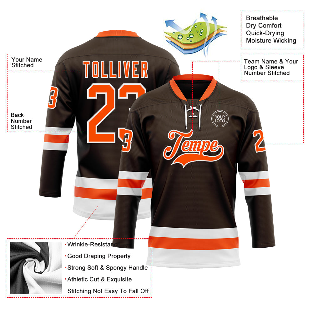 Custom Brown Orange-White Hockey Lace Neck Jersey view 3