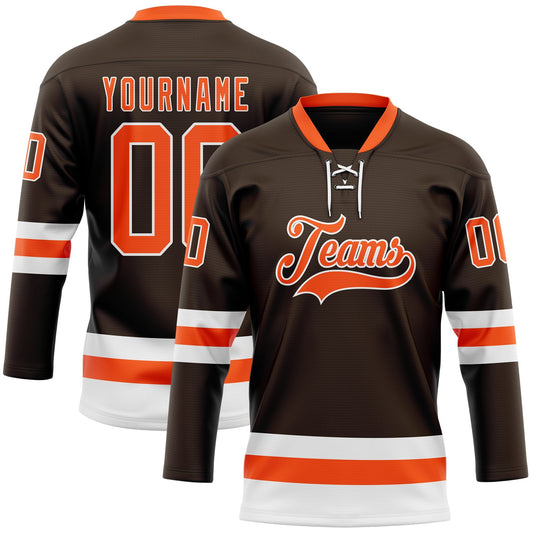 Custom Brown Orange-White Hockey Lace Neck Jersey - Main View