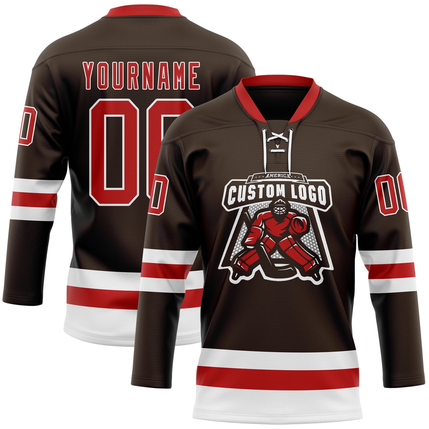 Custom Brown Red-White Hockey Lace Neck Jersey view 2