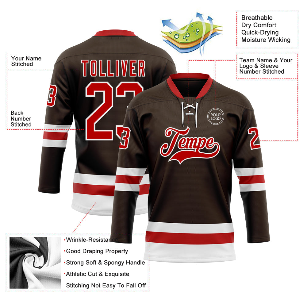 Custom Brown Red-White Hockey Lace Neck Jersey view 3