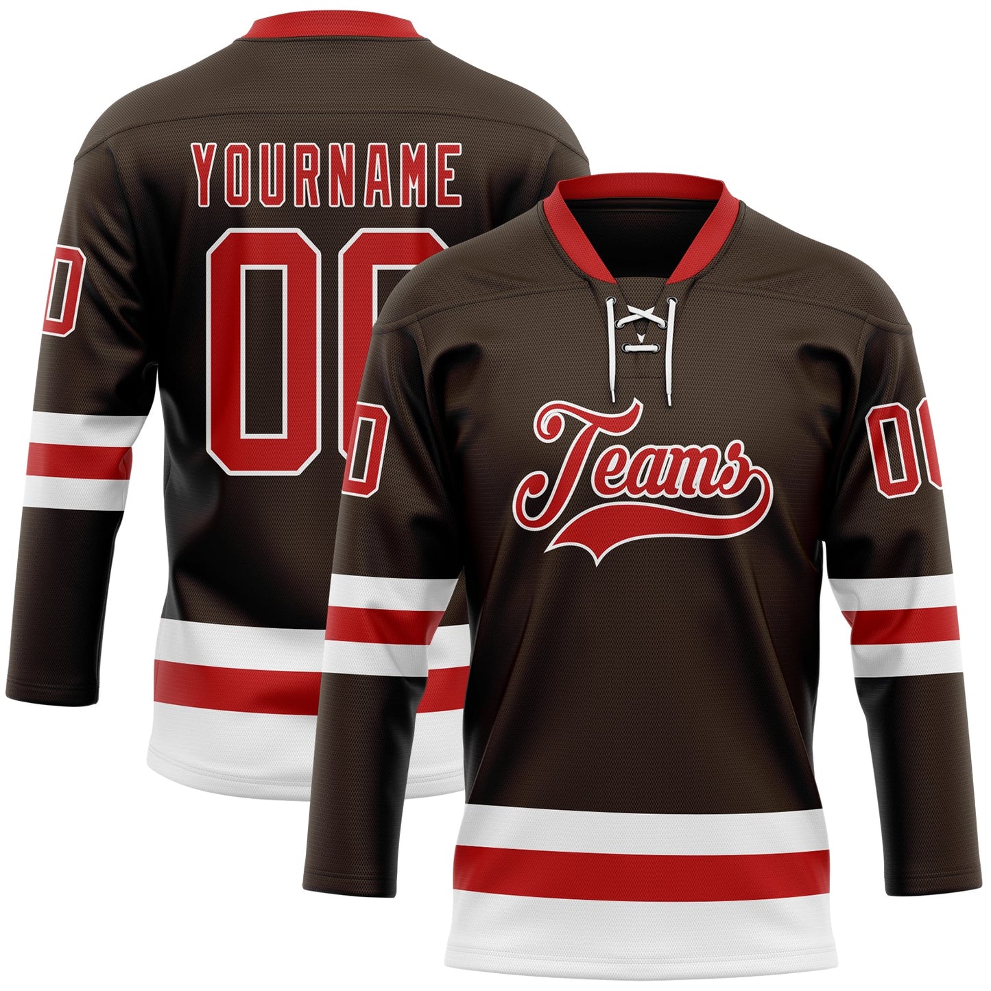 Custom Brown Red-White Hockey Lace Neck Jersey - Main View