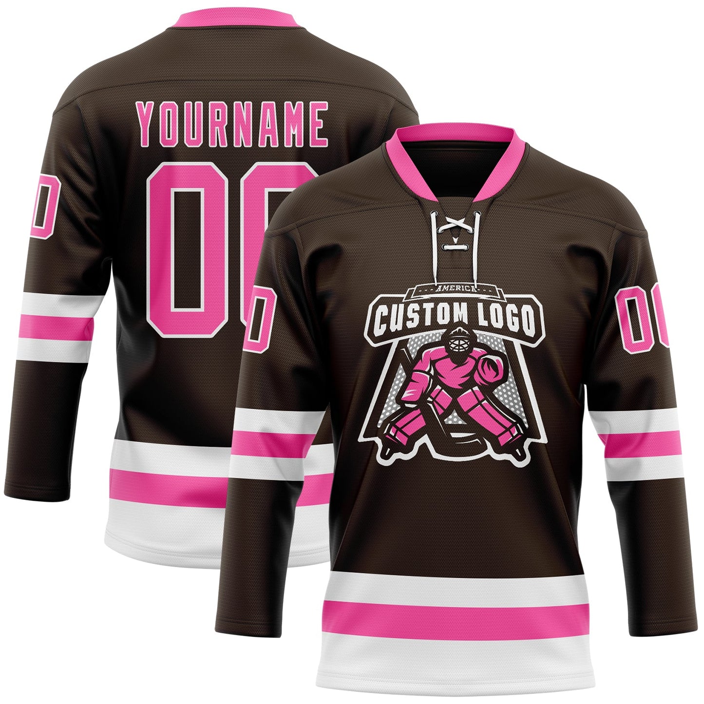 Custom Brown Pink-White Hockey Lace Neck Jersey view 2