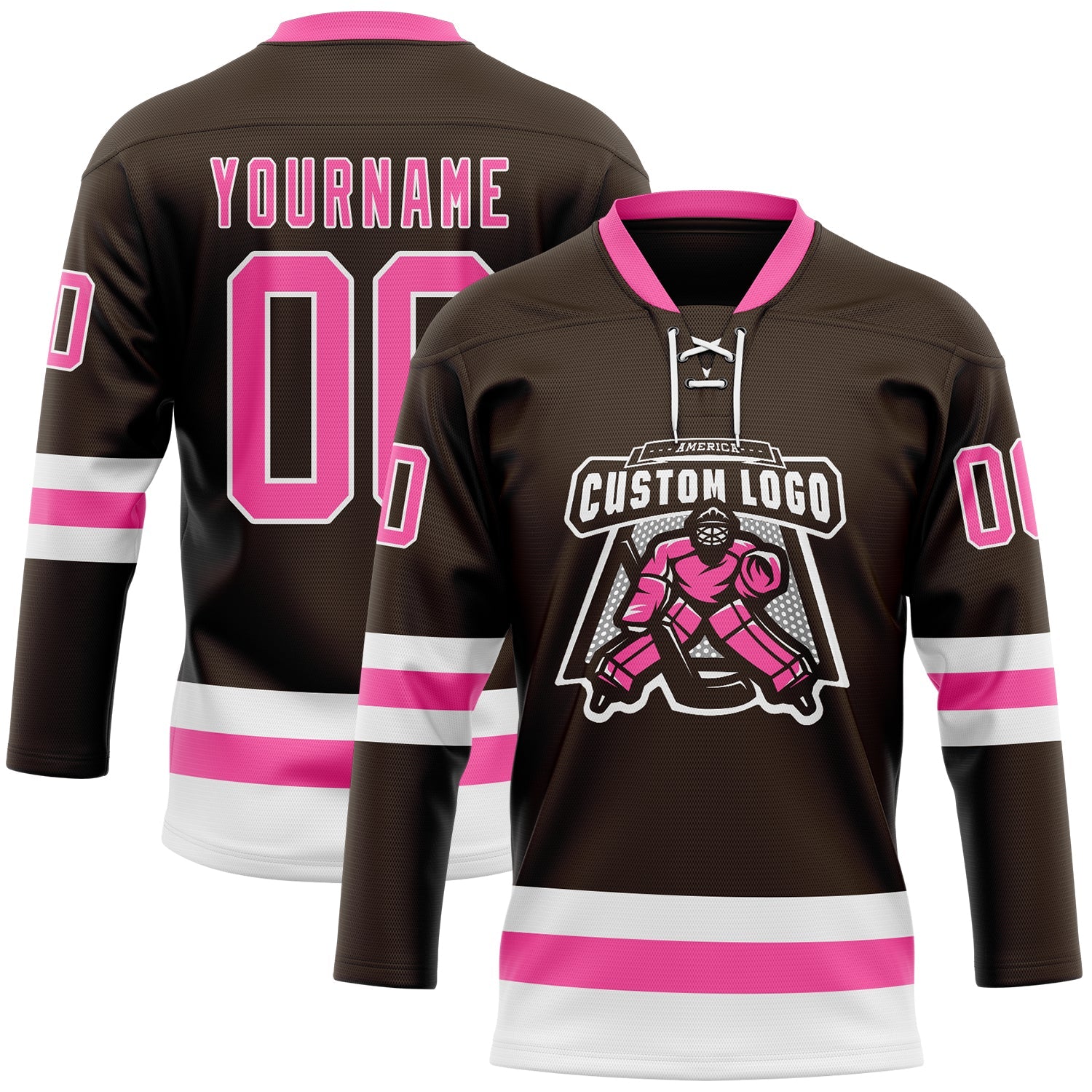 Custom Brown Pink-White Hockey Lace Neck Jersey view 2