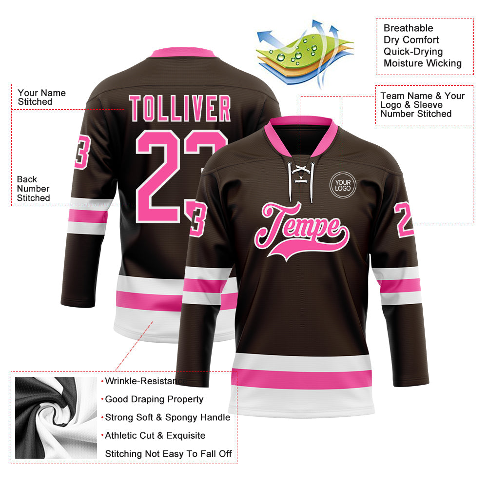 Custom Brown Pink-White Hockey Lace Neck Jersey view 3