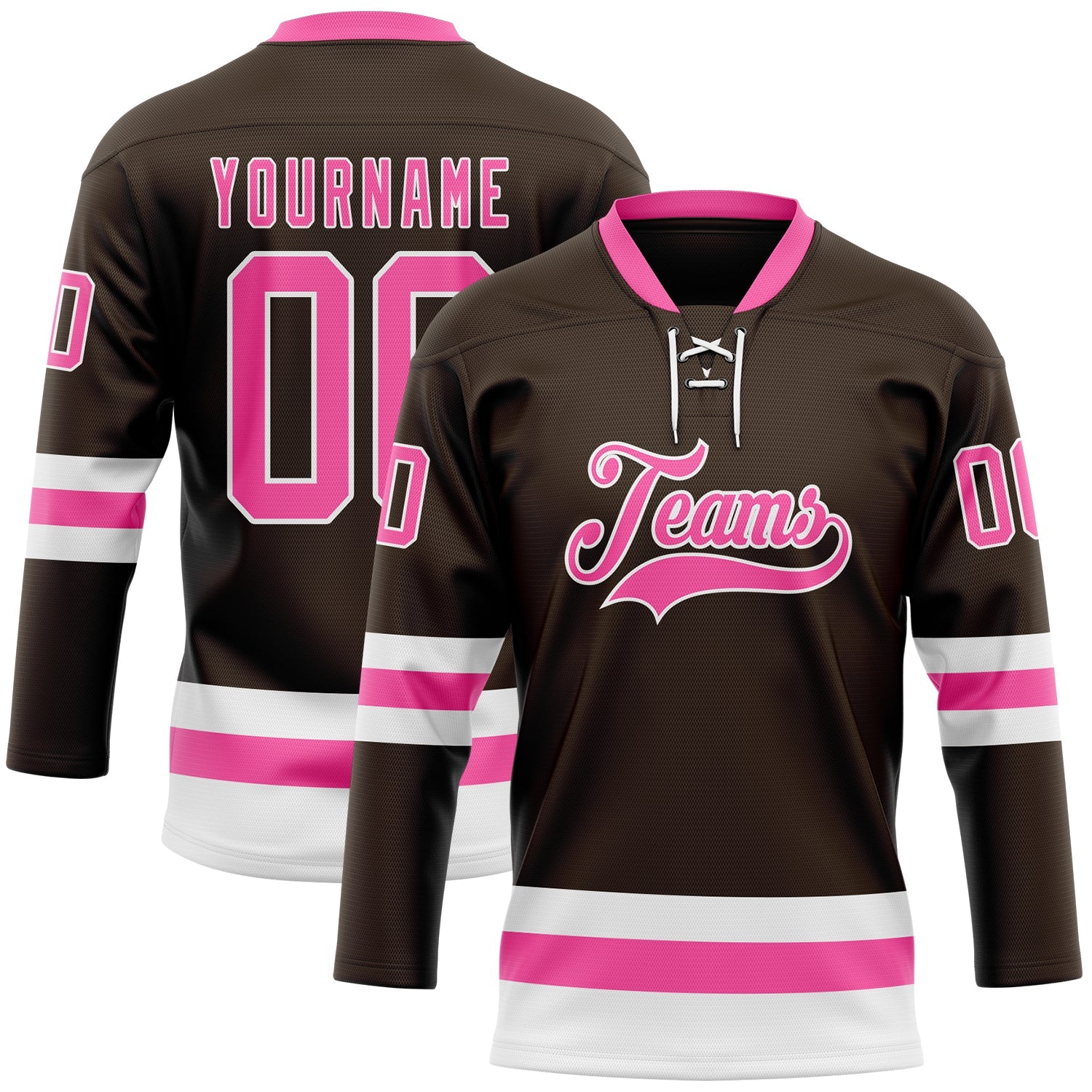 Custom Brown Pink-White Hockey Lace Neck Jersey - Main View