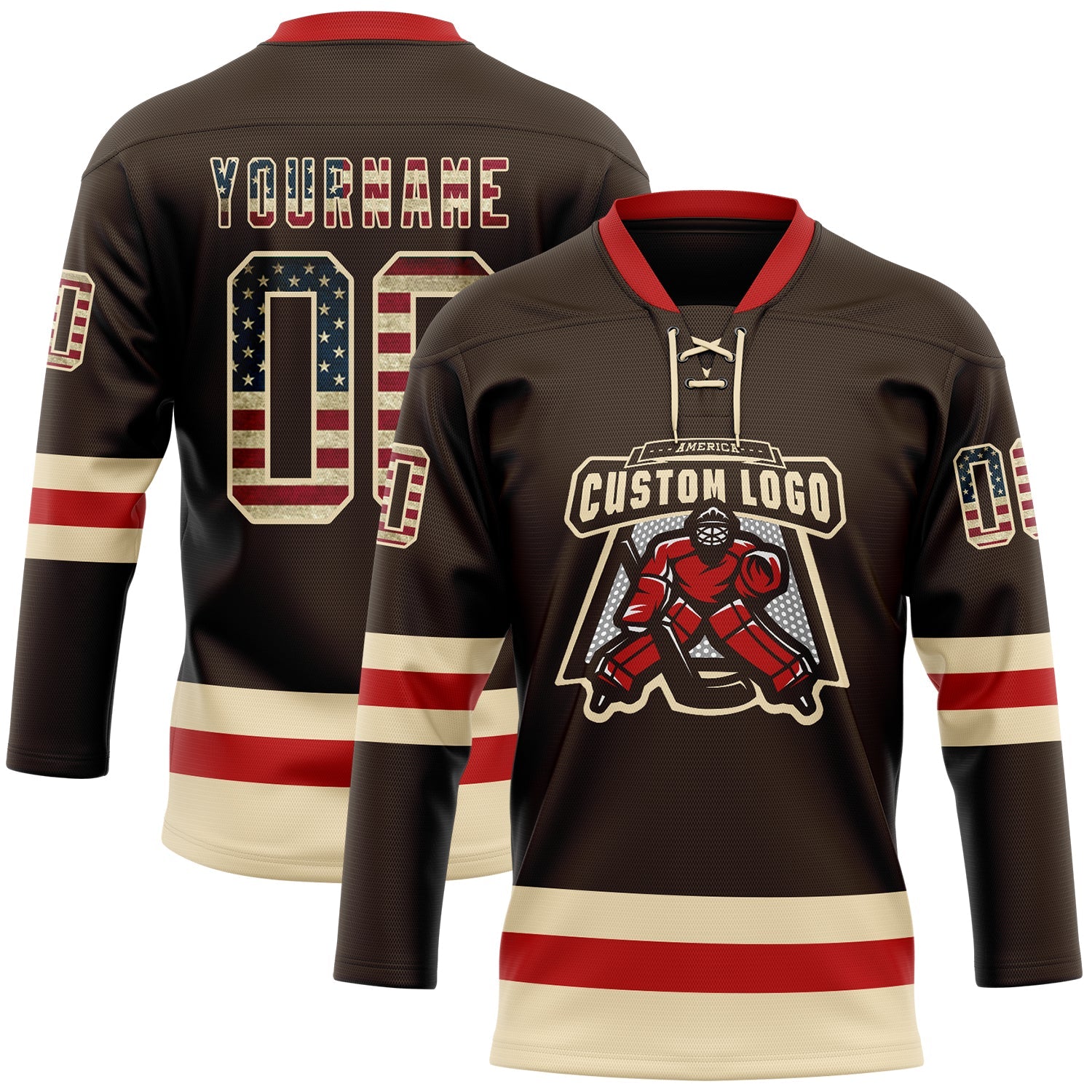 Custom Brown Vintage USA Flag Cream-Red Hockey Lace Neck Jersey view 2