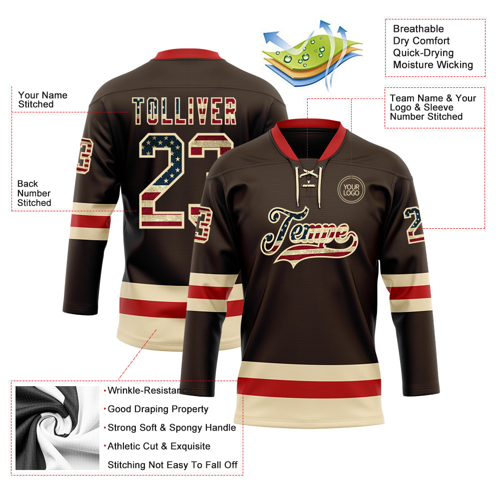 Custom Brown Vintage USA Flag Cream-Red Hockey Lace Neck Jersey view 3