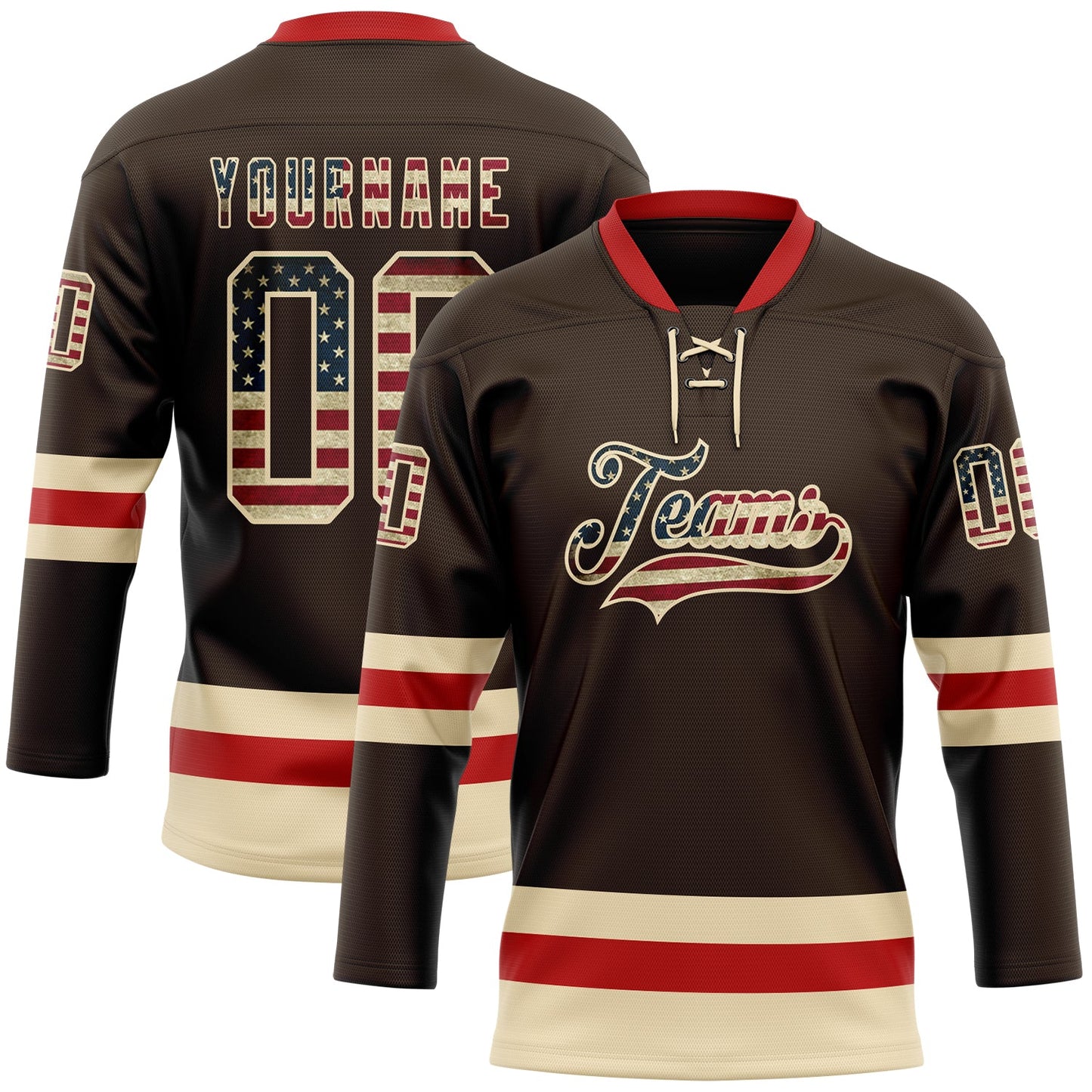 Custom Brown Vintage USA Flag Cream-Red Hockey Lace Neck Jersey - Main View