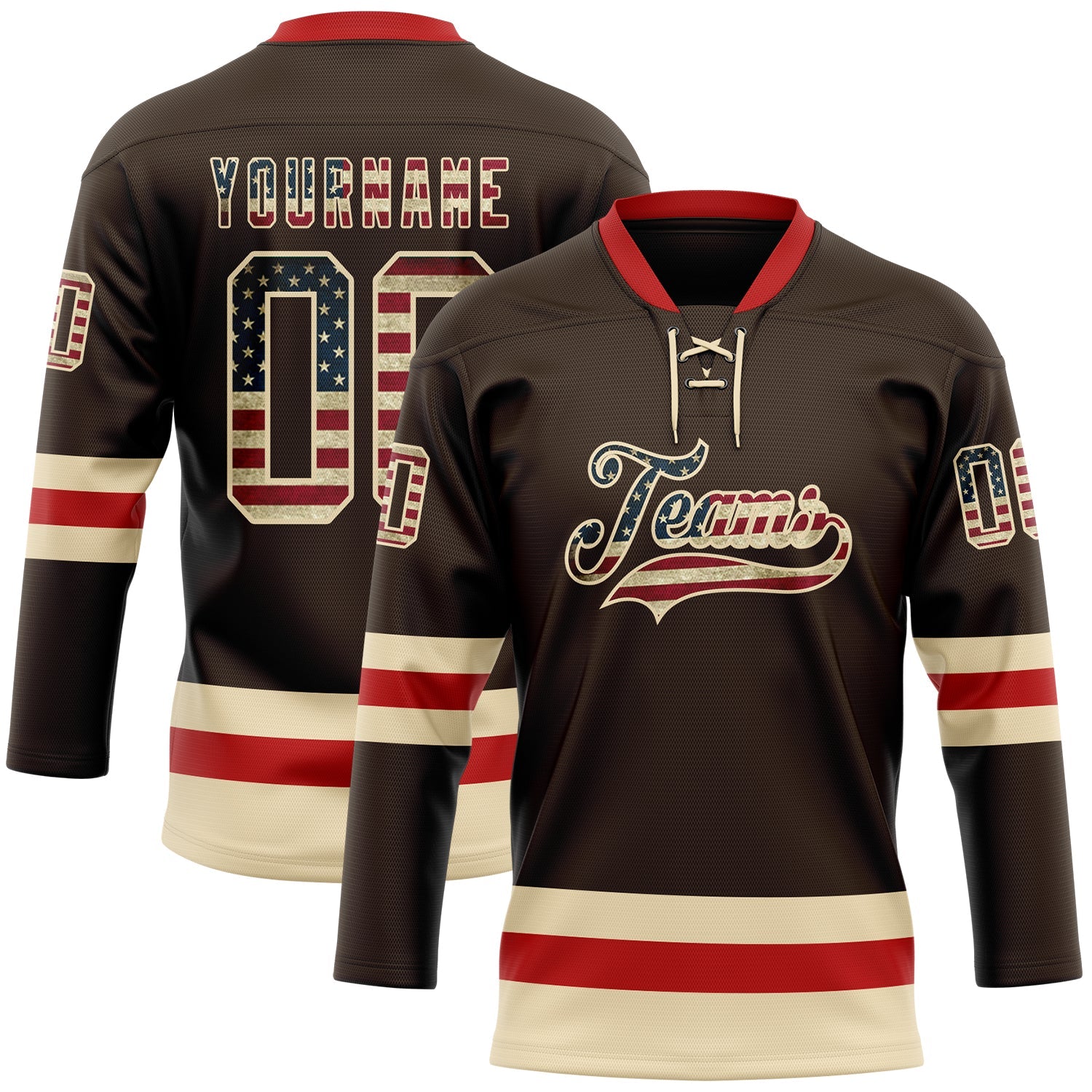 Custom Brown Vintage USA Flag Cream-Red Hockey Lace Neck Jersey - Main View