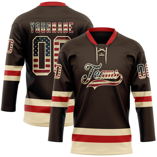 Custom Brown Vintage USA Flag Cream-Red Hockey Lace Neck Jersey - Main View