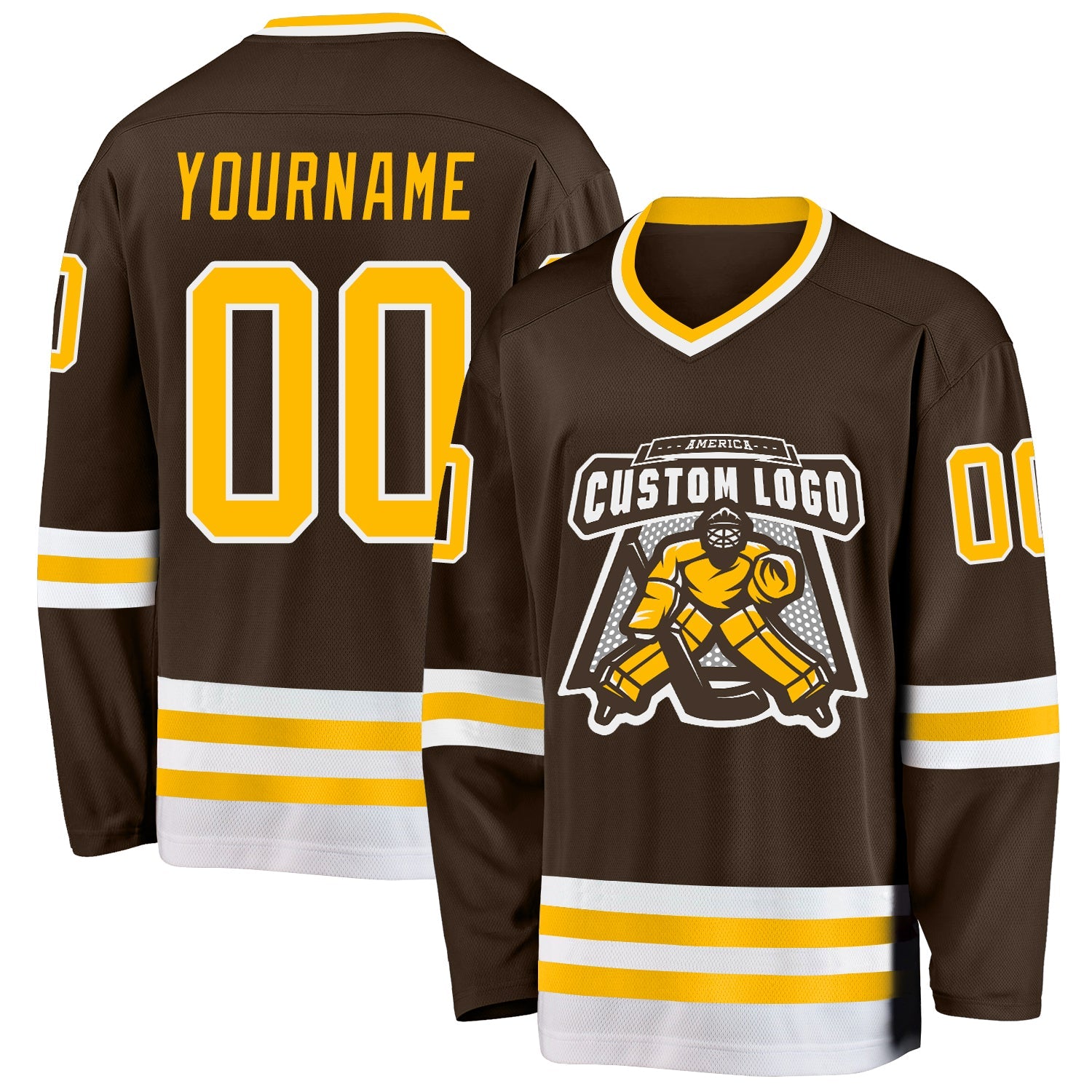 Custom Brown Gold-White Hockey Jersey view 2