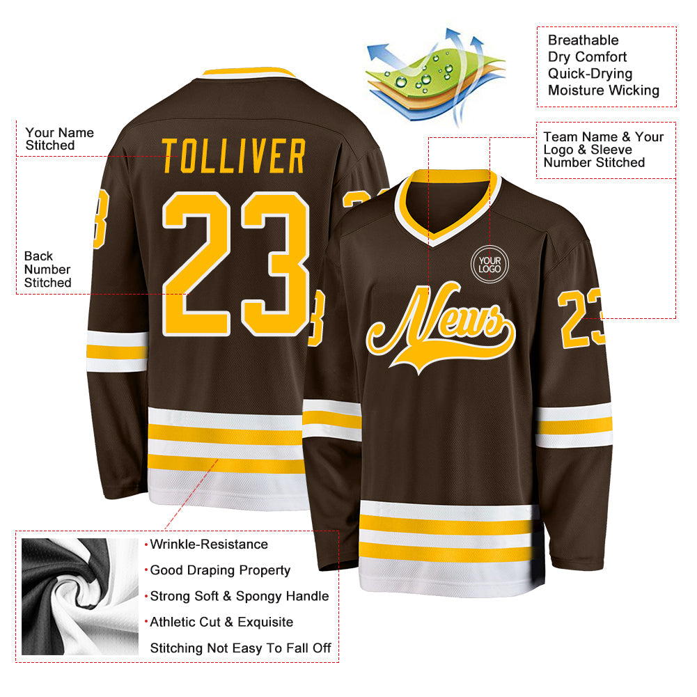 Custom Brown Gold-White Hockey Jersey view 3